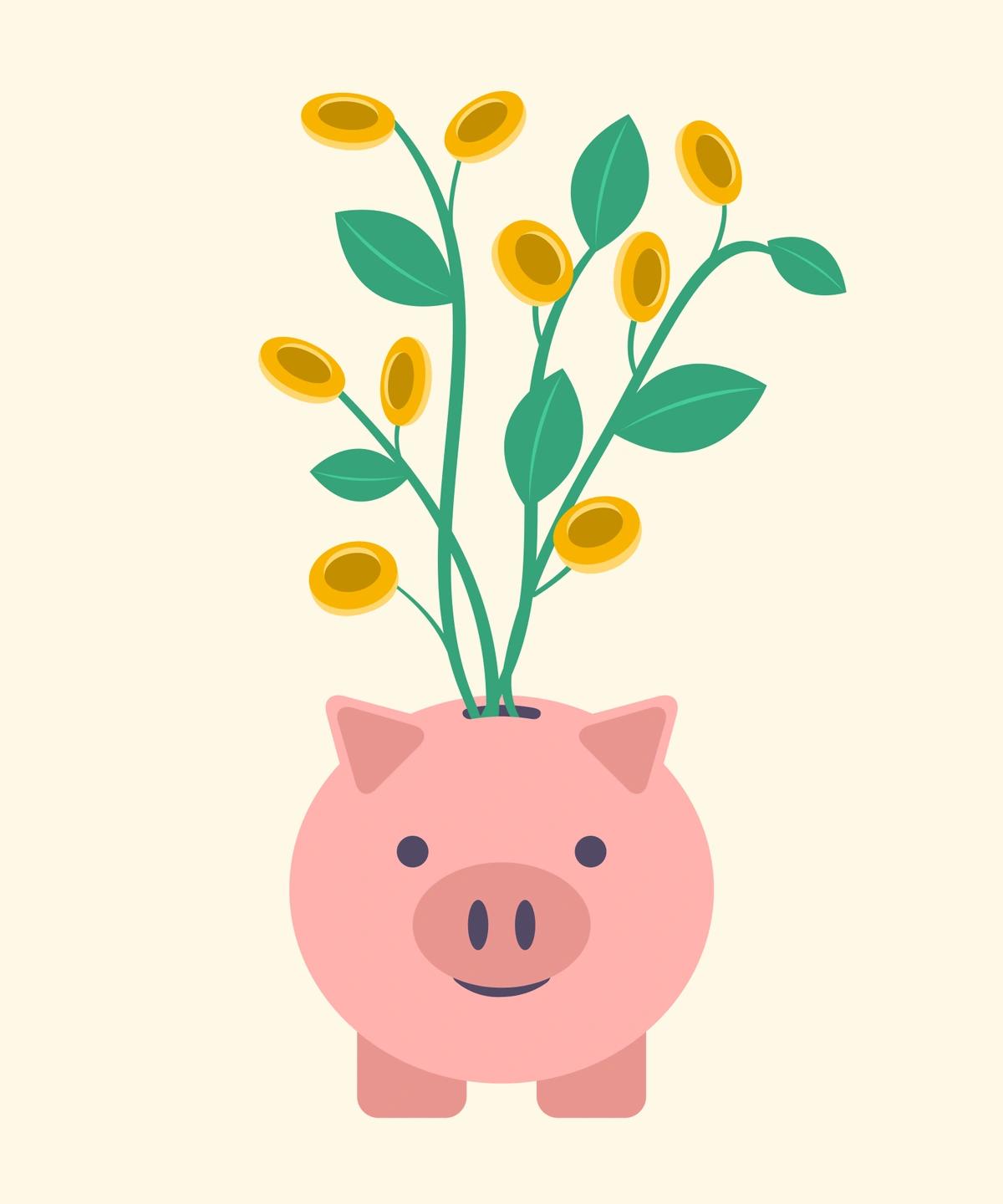 Illustration of a piggy bank with a money tree growing out of it