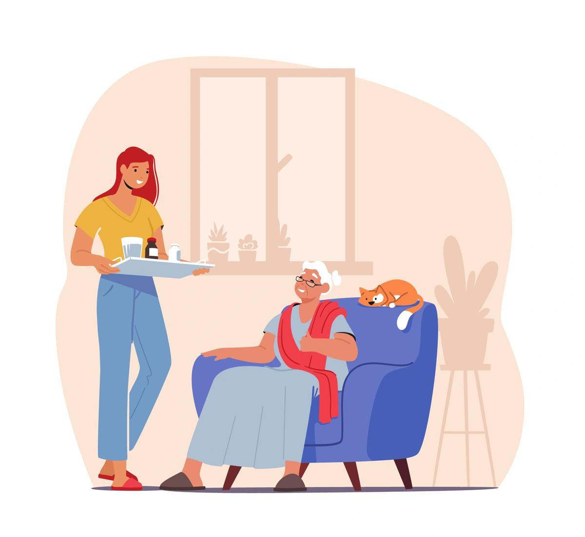 Illustration of a young woman caring for an elderly woman