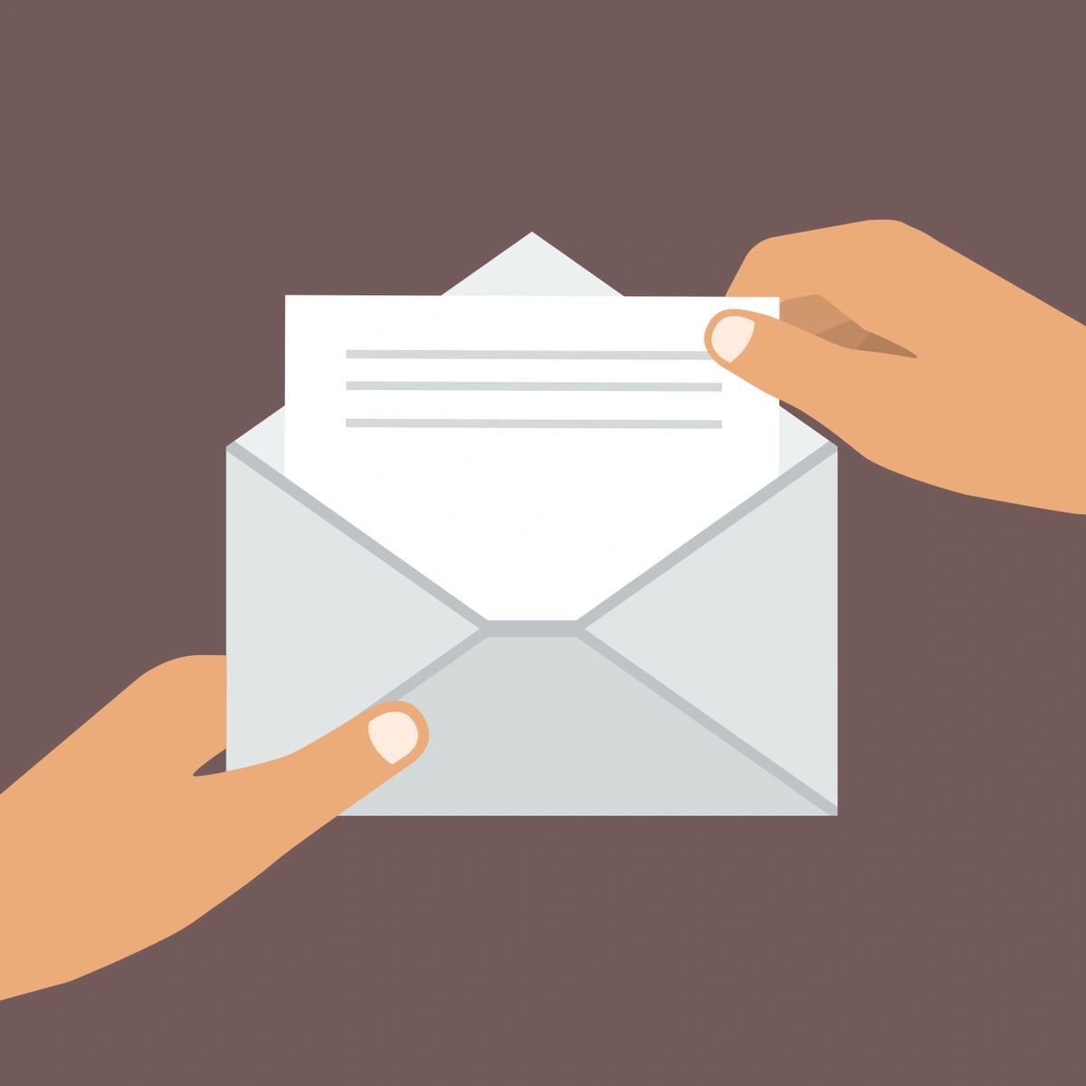 An illustration of hands removing a letter from an envelope.