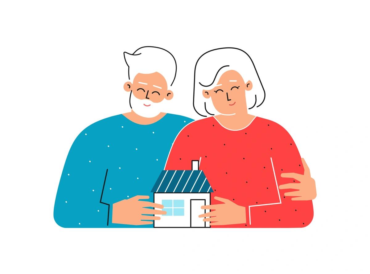 An illustration of an older couple smiling as they hold a small house because they qualify for pension credit and housing benefit.