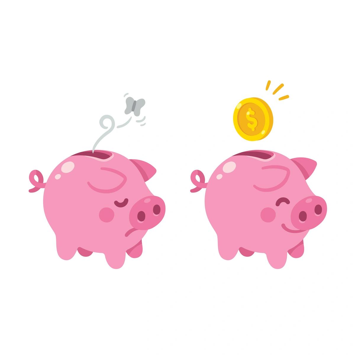 An illustration of a a sad piggy bank that's empty and a happy piggy bank with a coin being dropped into it.