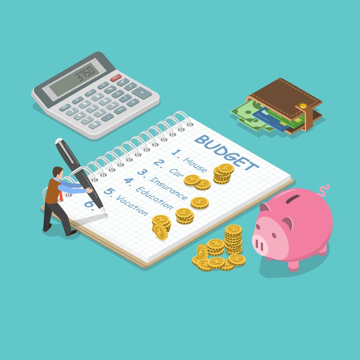 An illustration of a tiny man writing down his spending priorities in an oversized notebook, surrounded by a piggy bank, gold coins, a wallet and a calculator.