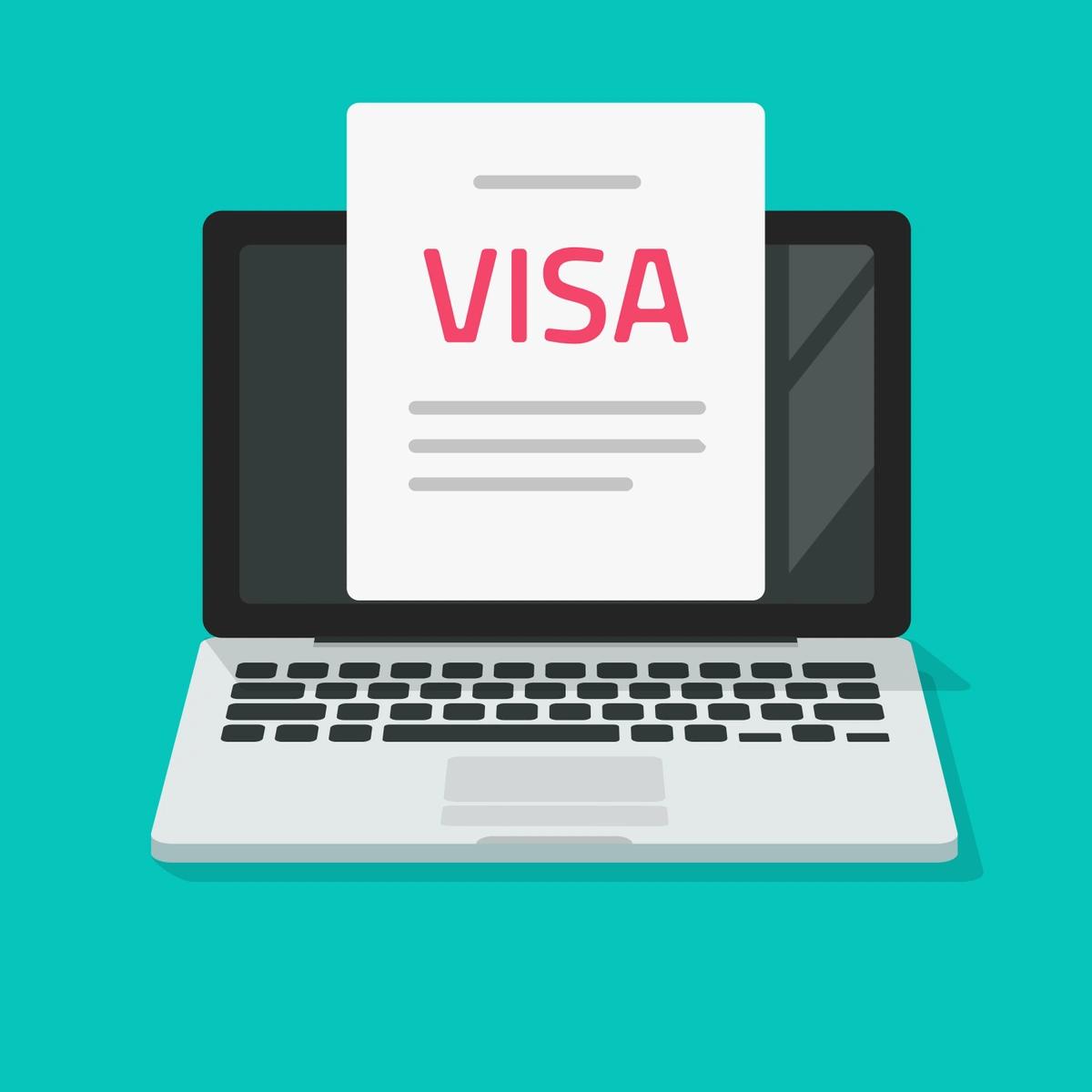 An illustration of a Visa application in front of a laptop screen.