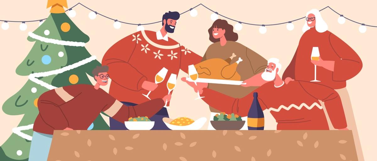 An illustration of five people sat at a table with a Christmas tree, turkey dinner and glasses of alcohol.