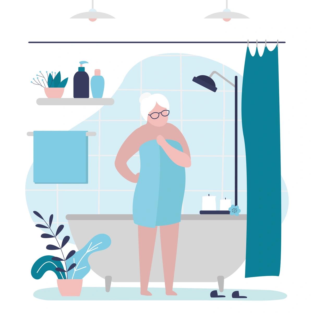 An illustration of an older woman wrapped in a towel after getting out of the shower.