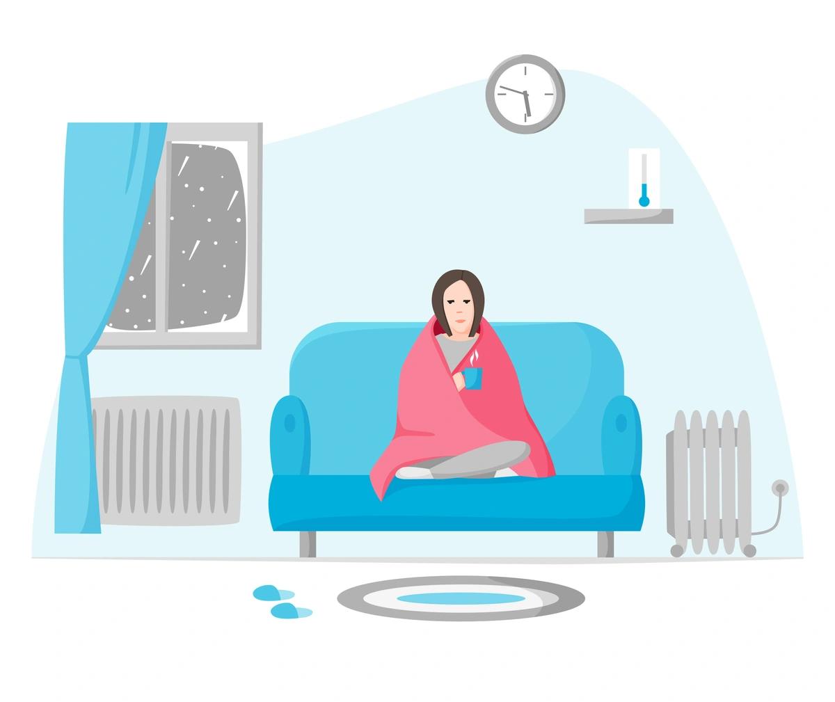 An illustration of a woman in a cold room during winter. Her heating is off because she can't afford it and she is sat on the sofa with a blanket and a hot drink.