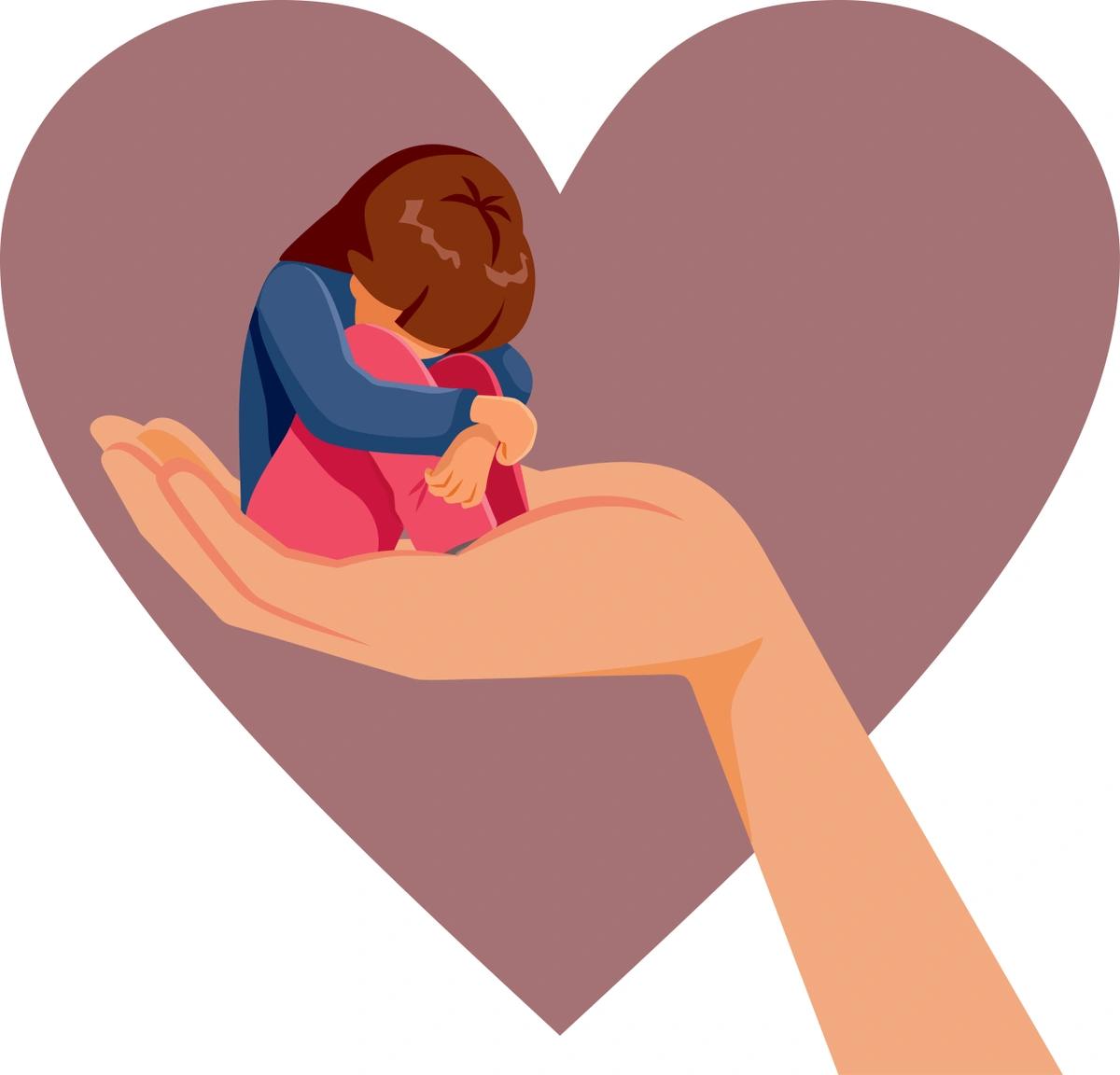 An illustration of a sad child with her head on her knees sat in a protective hand against a loveheart background.