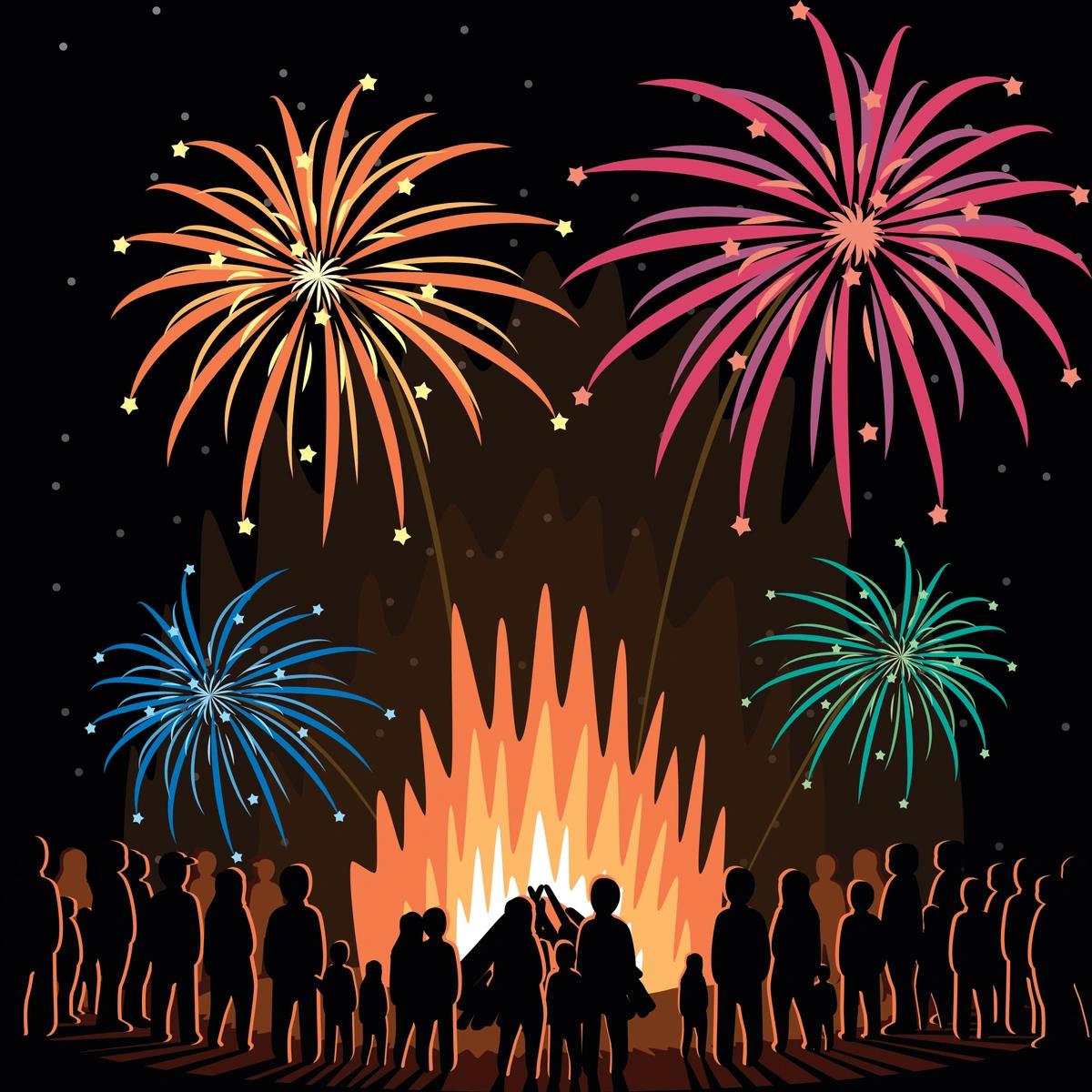 An illustration of colourful fireworks bursting above a bonfire.