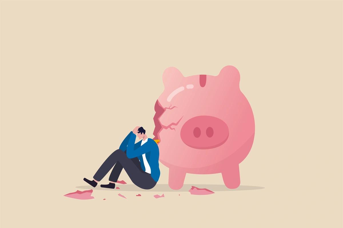 Illustration of person leaning against broke piggy bank