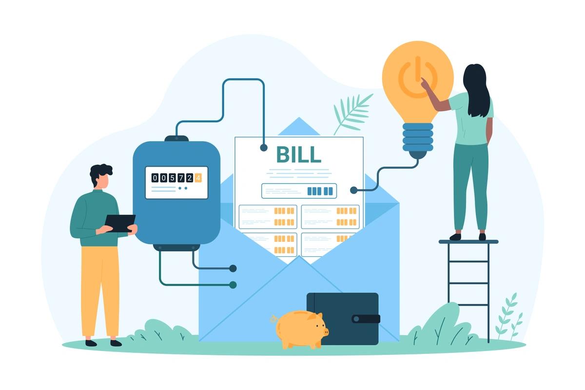 An illustration of tiny people with an electricity meter, a lightbulb and an energy bill.