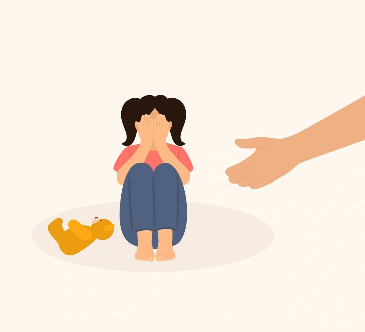 Illustration little girl upset on floor with teddy bear