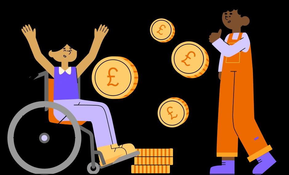 Person in a wheelchair with a friend and coins