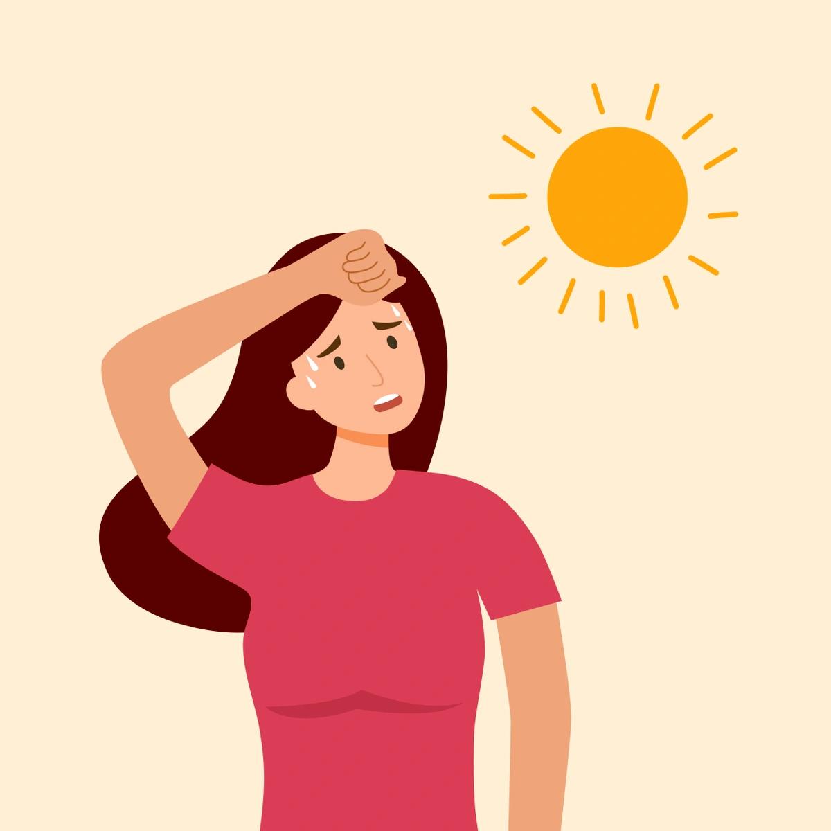 An illustration of a woman looking at the hot sun, wiping her brow as sweat rolls down her face