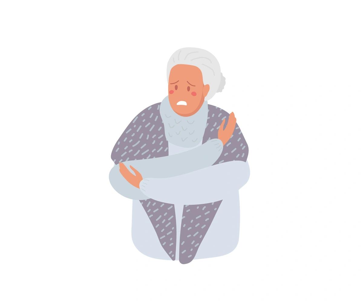 An illustration of an elderly woman trying to keep warm.