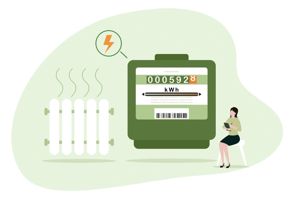 An illustration of a woman reading an oversized electricity meter as she sits near a radiator.