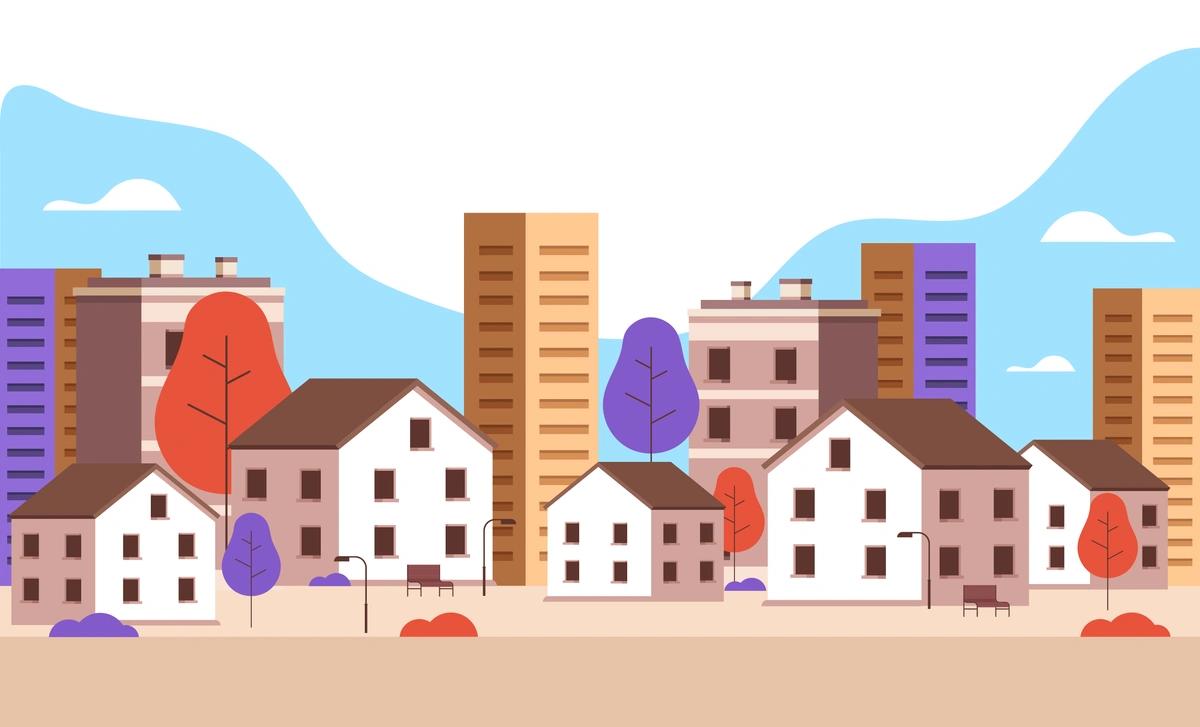 An illustration of five different sized houses in front of six larger buildings and blocks of flats.