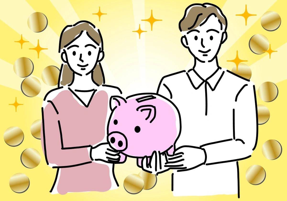 An image of a couple with a piggy bank, surrounded by golden coins, symbolising the 'bank of mum and dad'.