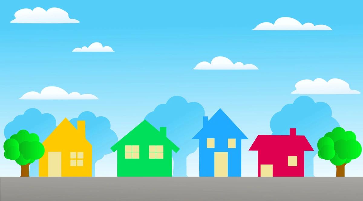 An illustration of four houses in yellow, green, blue and red between two trees with a blue, cloudy sky in the background.