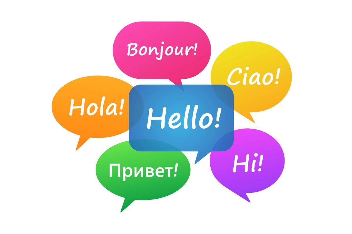 An illustration of multi-coloured speech bubbles with 'hello' in different languages, including English, Italian, French, Spanish and Russian.