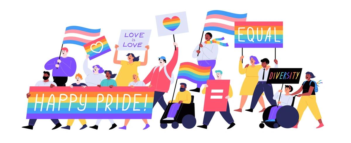 A parade of people of all genders, skin colours and abilities with rainbow and trans colour flags and signs reading 'Happy Pride', 'Love is Love', 'Diversity' and 'Equal'.