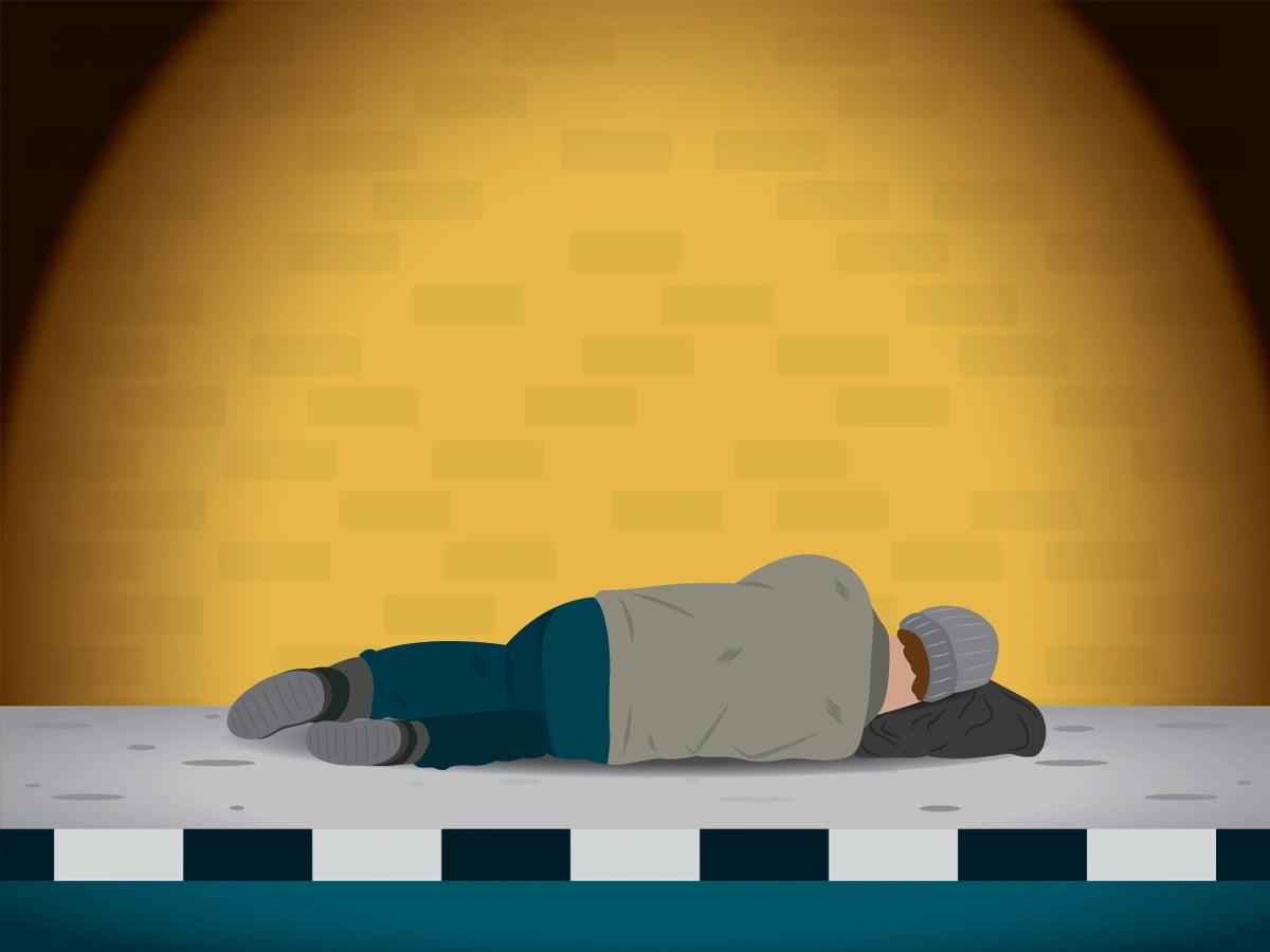 An illustration of a homeless man sleeping on the pavement in just his clothes.