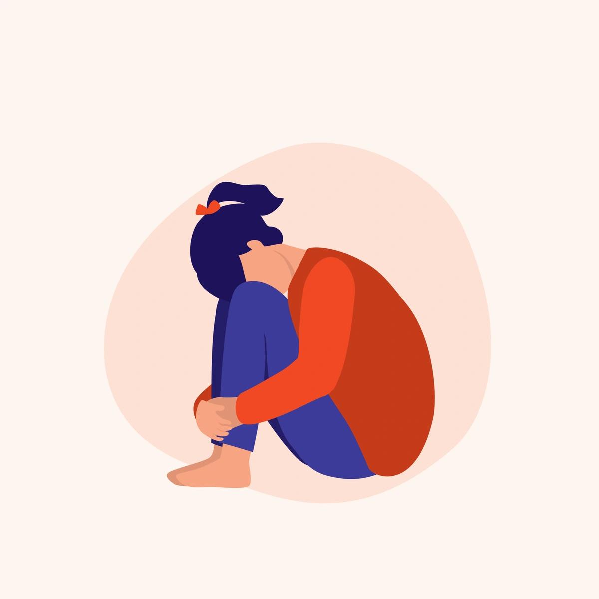 Illustration of an upset schoolgirl sitting on the floor hugging her knees to her chest