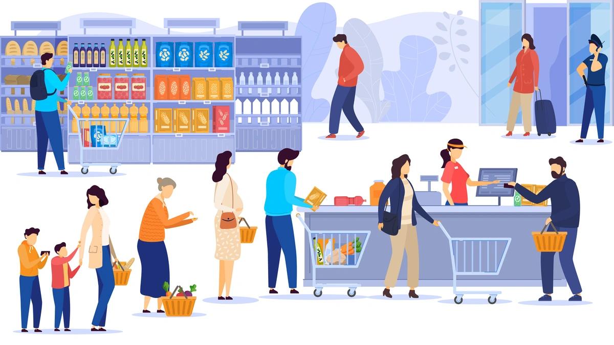 Illustration of people shopping in grocery store