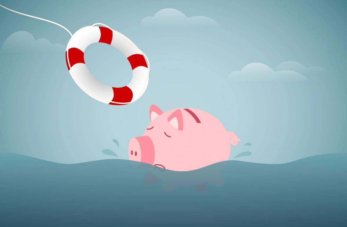 An illustration of a life ring being thrown to a piggy bank in the water.