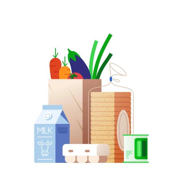 Illustrated image of a food parcel. One in five people claiming universal credit had to use a food bank in the last year. Find out about food banks and how to access support if you need it