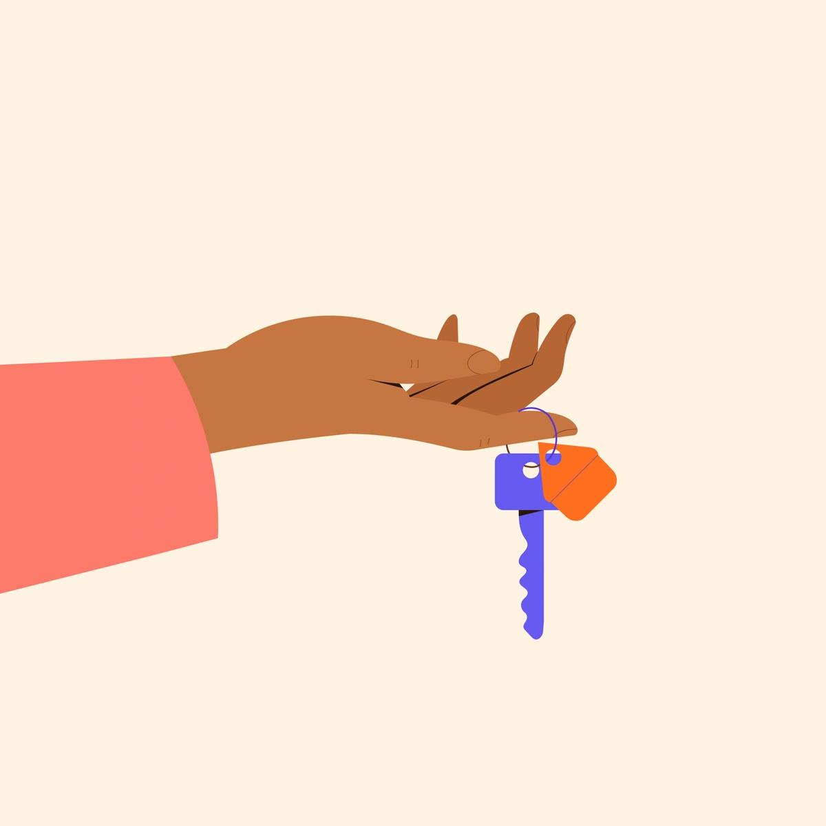 An illustration of a hand holding out a purple key with an orange house keyring attached.