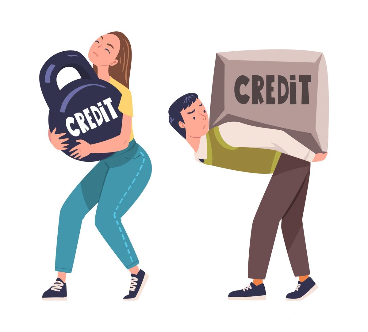 An illustration of a young man and a young woman weighed down by credit debt.