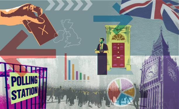 Illustrated montage of polling stations, someone voting, big ben, the union jack and number 10 downing street. Labour wins the general election. What do we want to see from the new Labour government to support the financially vulnerable