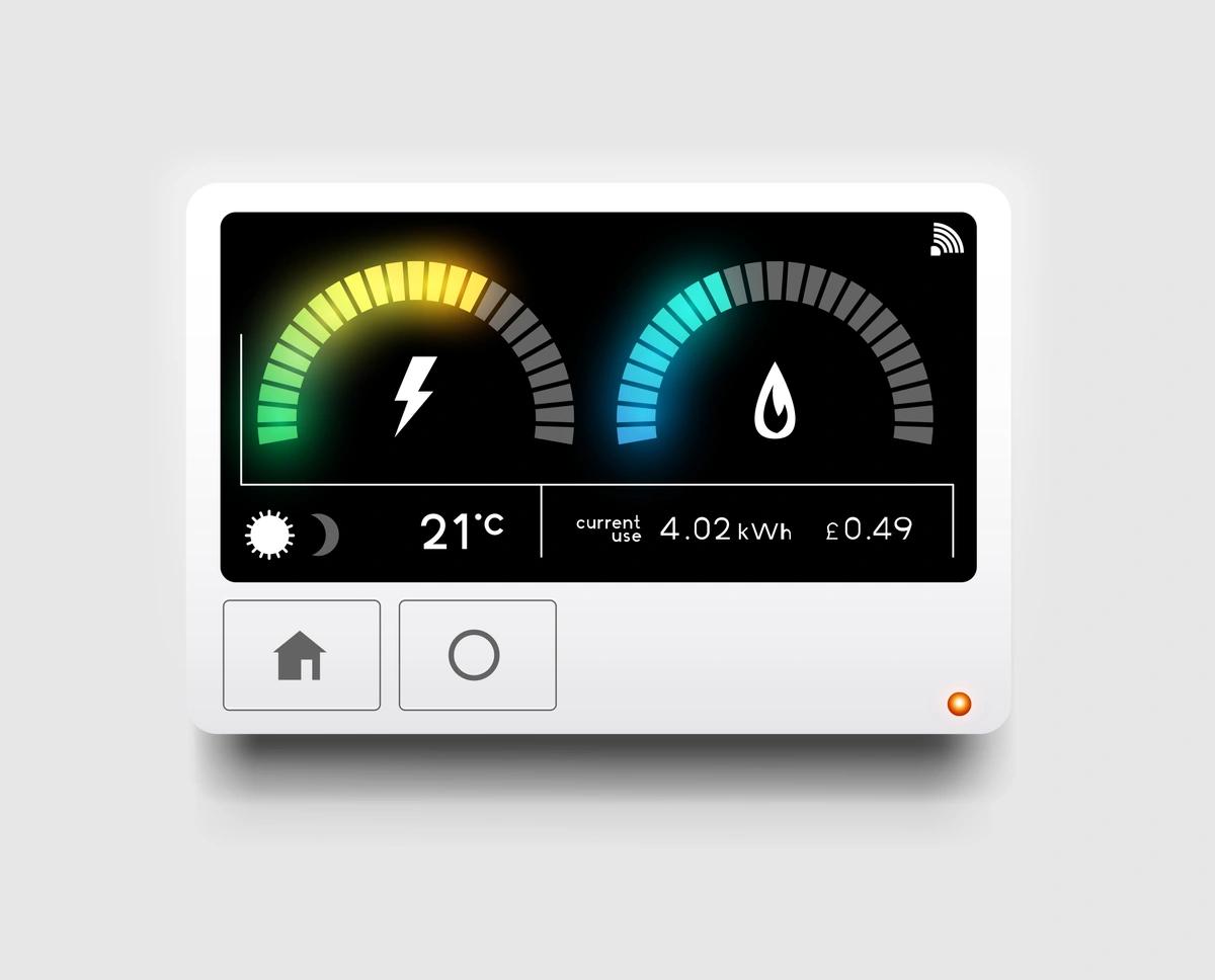 An illustration of a smart meter, showing the current temperature as 21 degrees Celsius, an energy usage of 4.02kWh and a 49p charge.