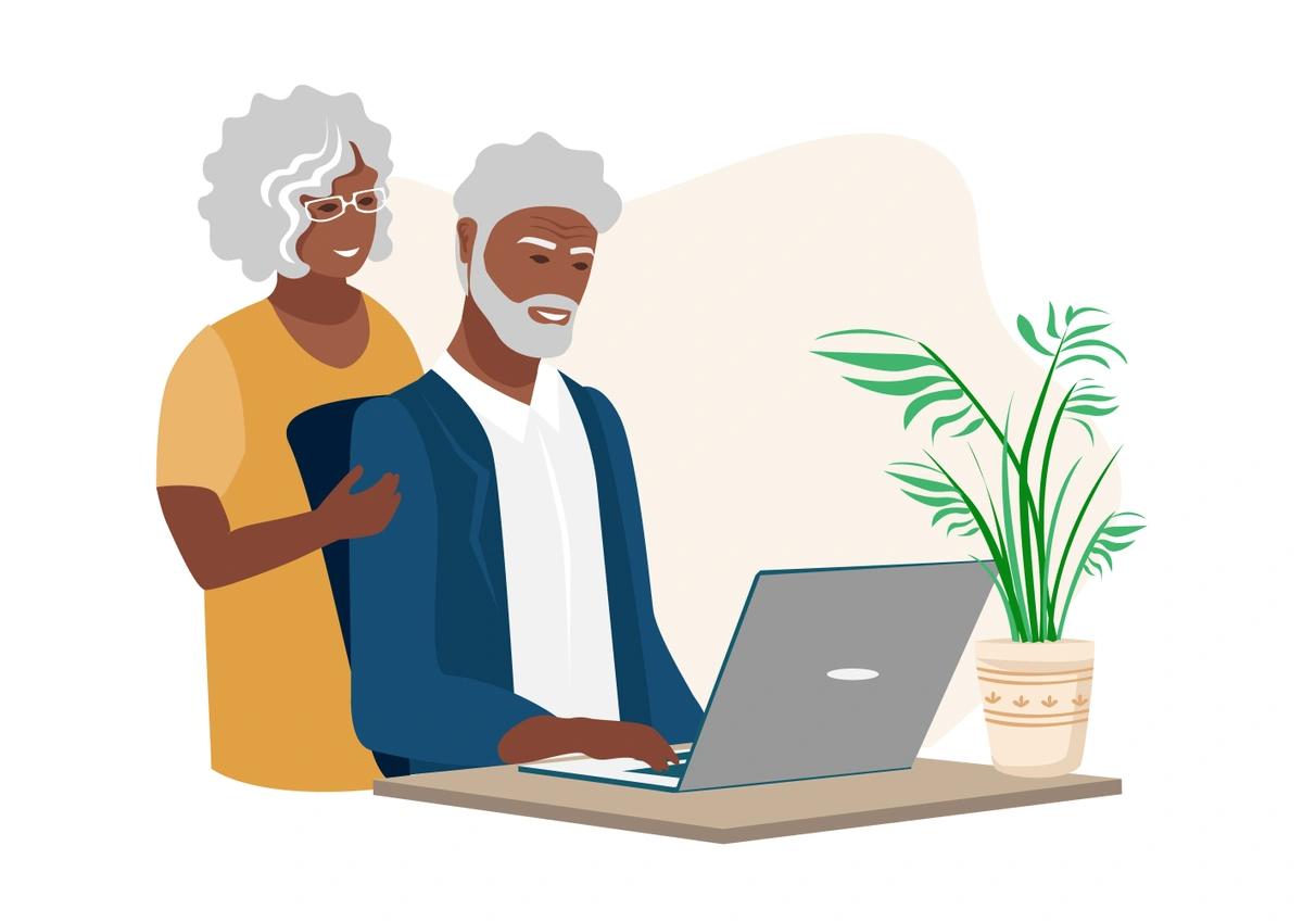 An illustration of an elderly couple applying for pension credit on a laptop.