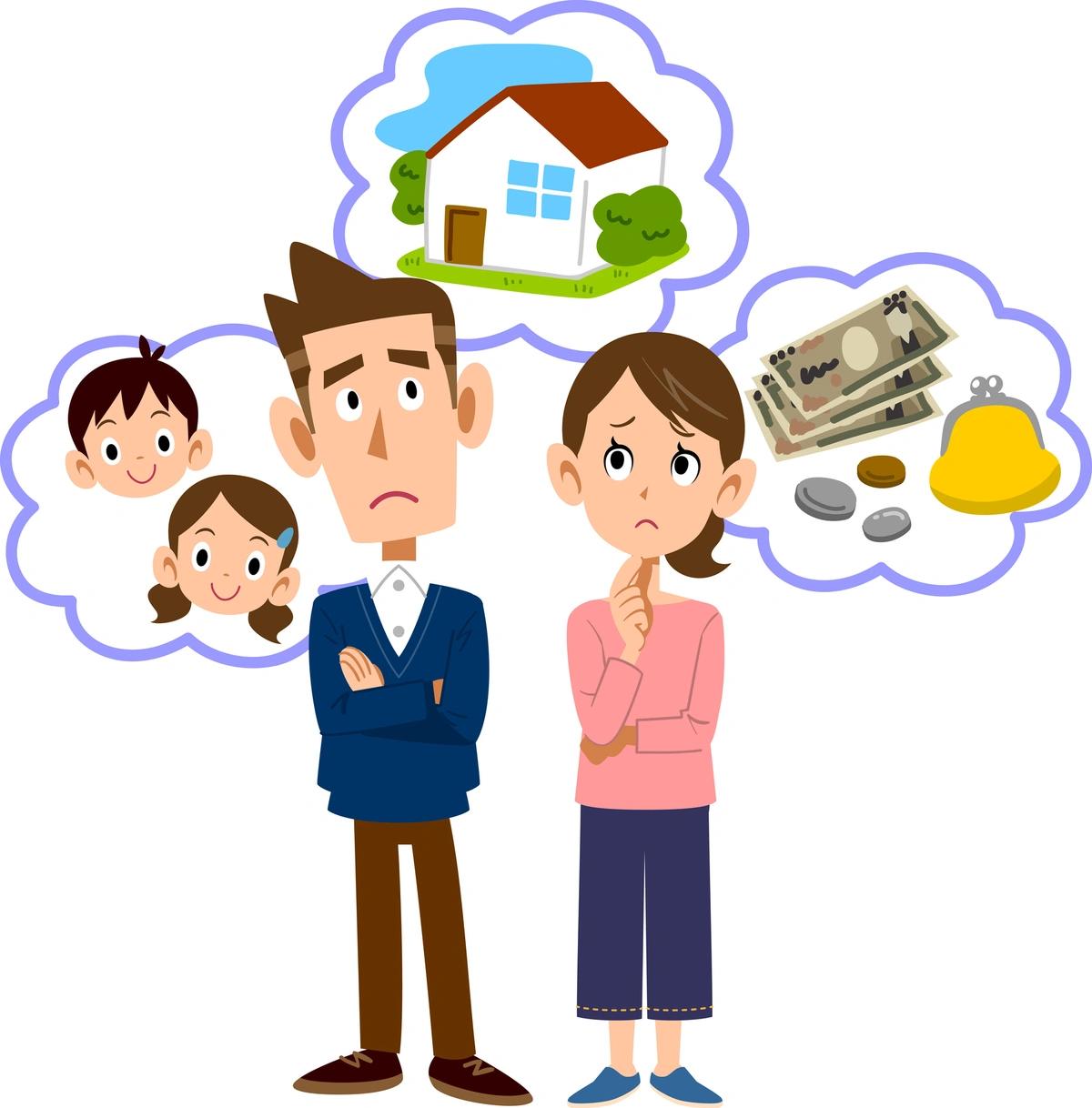 Illustration of parents worried about money and children