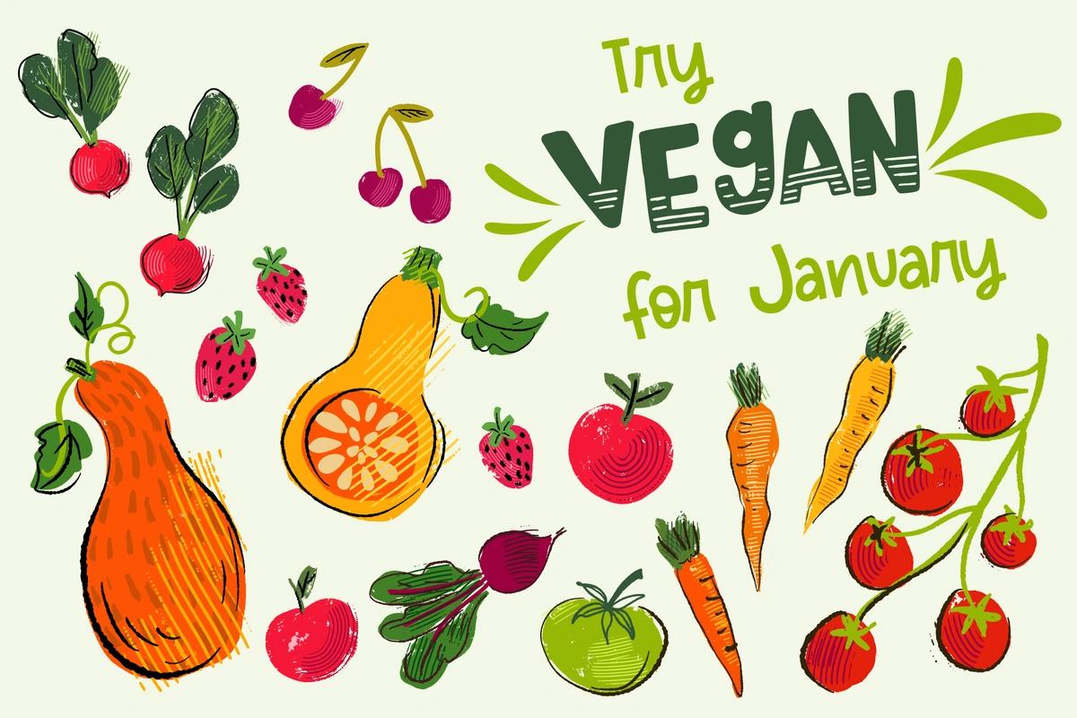 An illustration of different fruits and vegetables with the text 'Try vegan for January'.