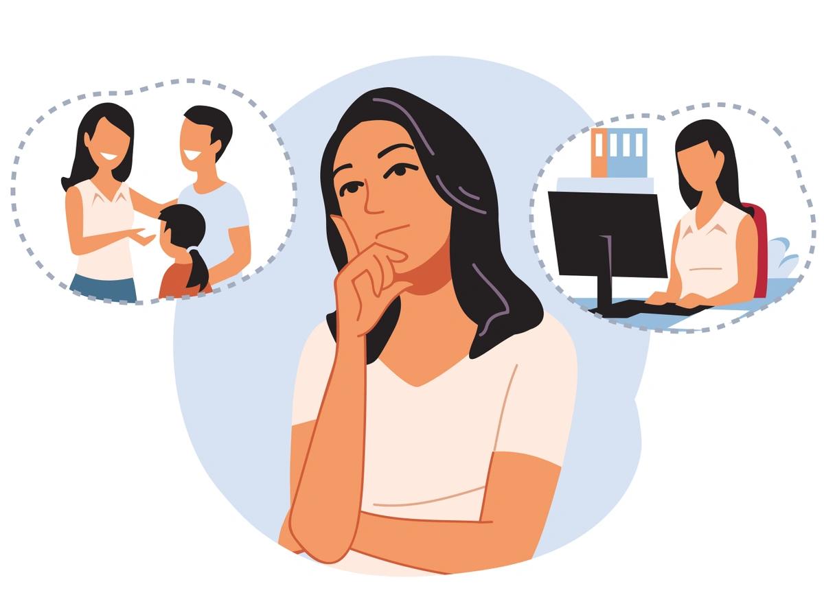 An illustration of a woman thinking about balancing work with her family.