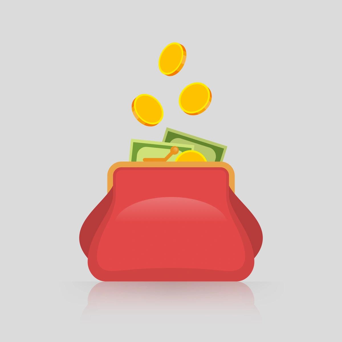 An illustration of a red coin purse with four gold coins falling into it with two green banknotes.