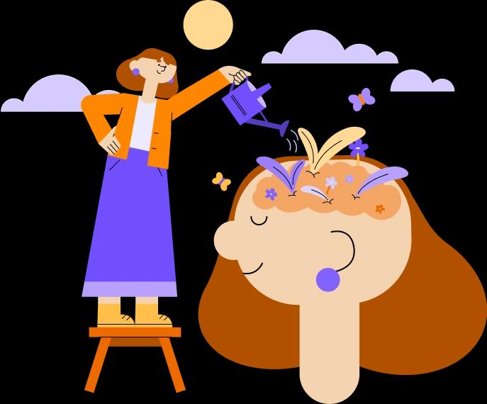 abstract illustration of woman using watering can to feed the brain