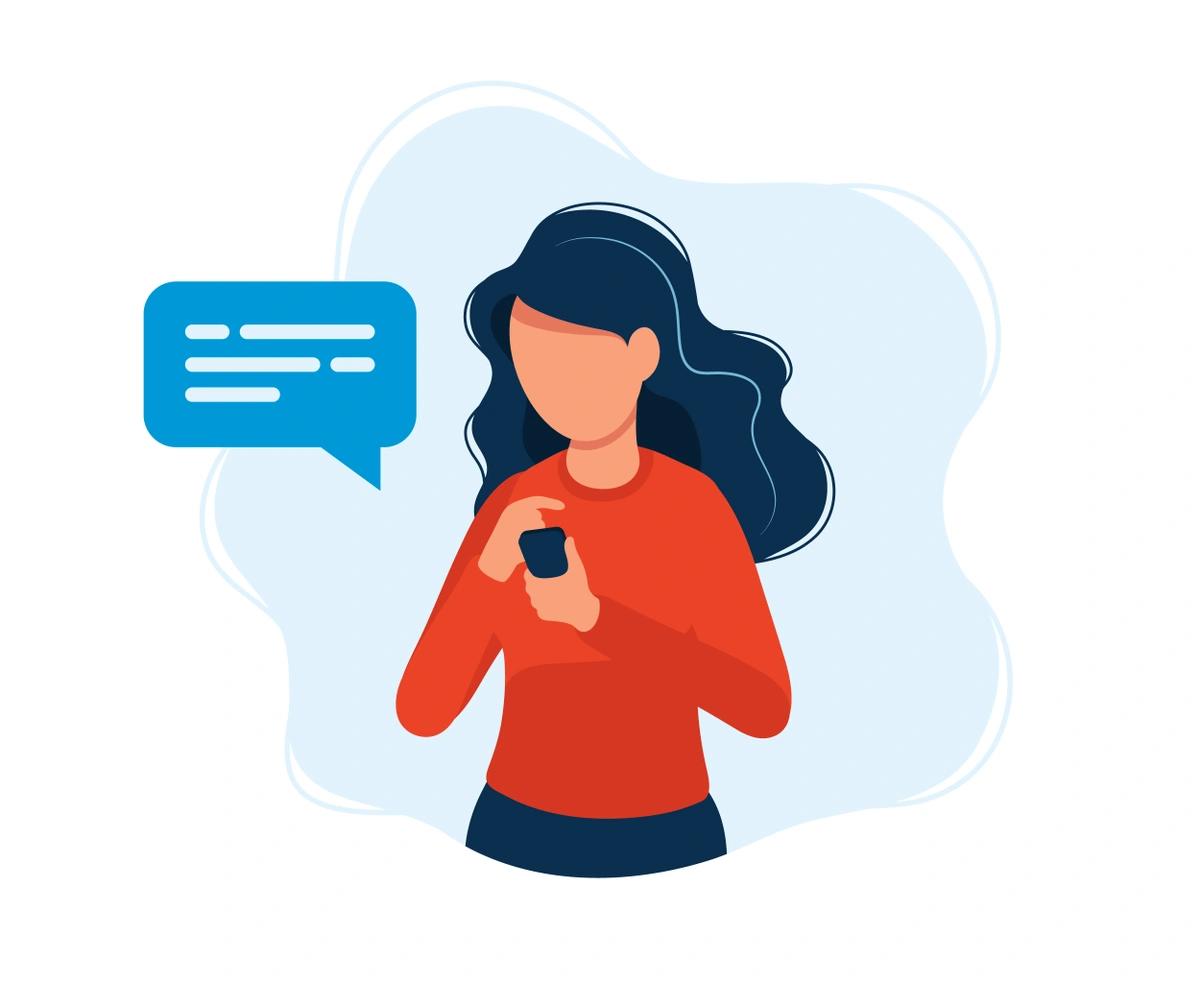 An illustration of a young woman reading a social media message on her mobile phone.