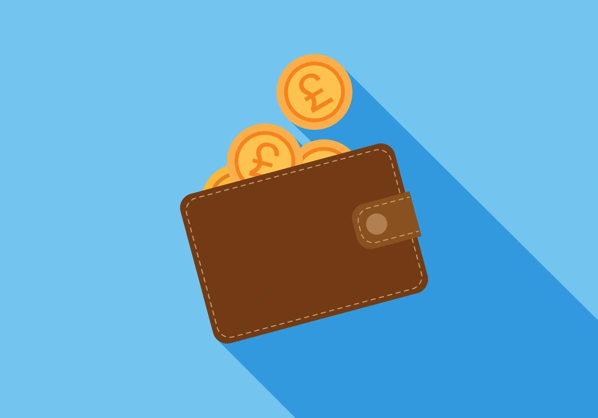 Illustration of pound coins spilling out of a wallet