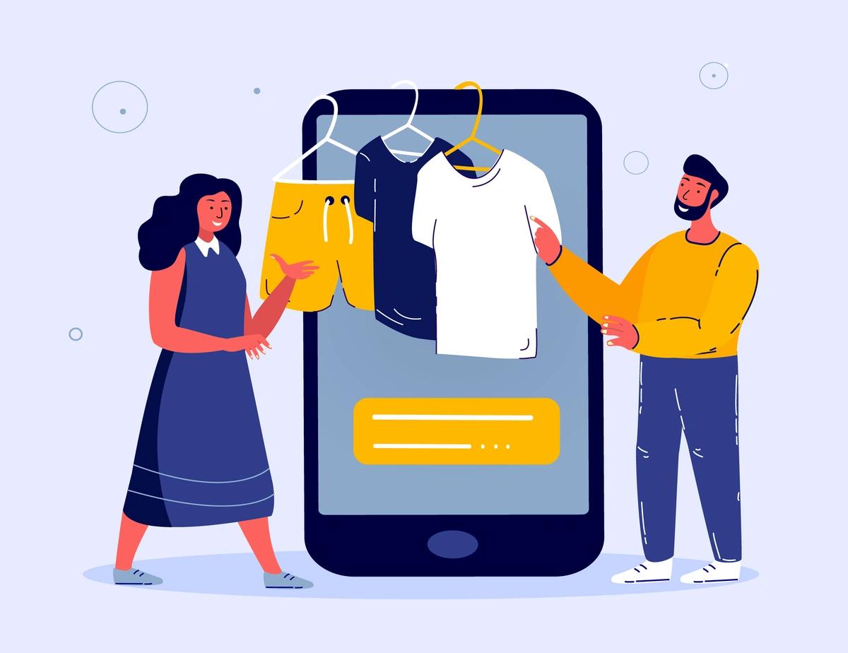 Illustration of people putting clothes up online