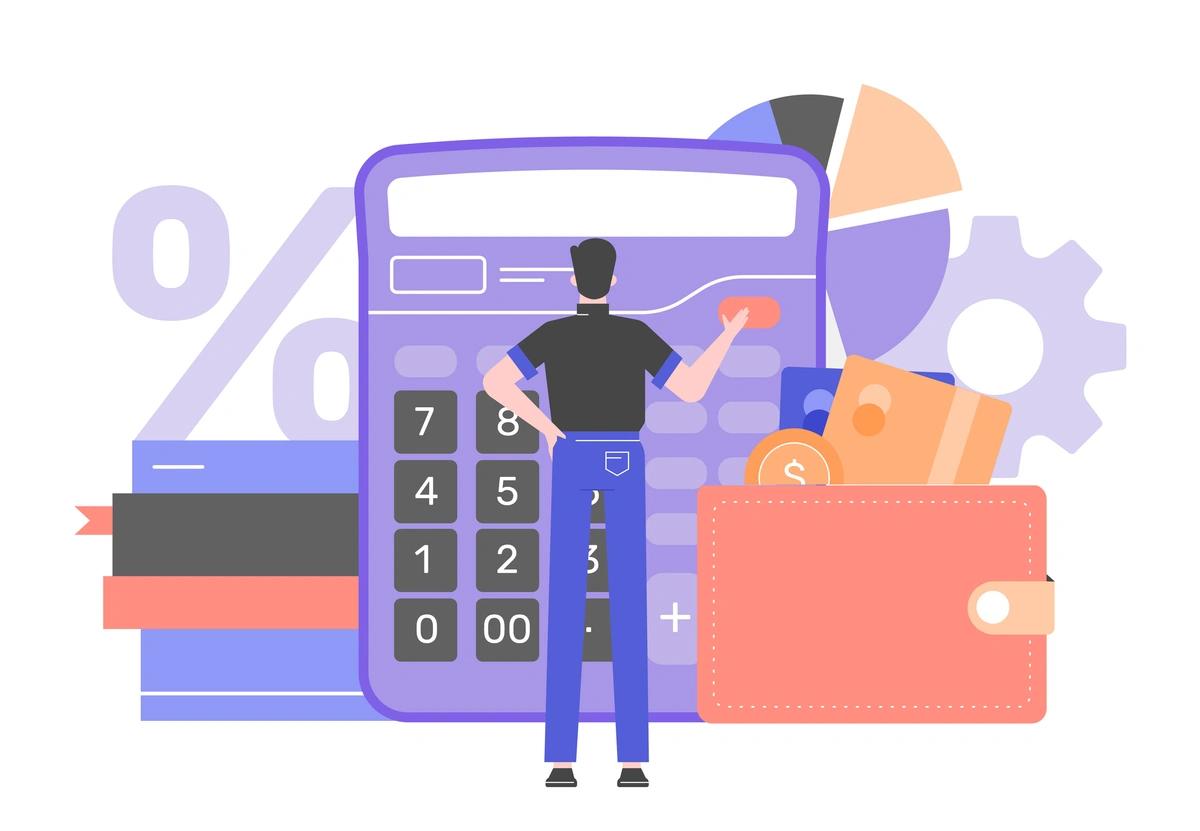 Illustration of person standing in from of wallet, calculator, notebooks, pie chart