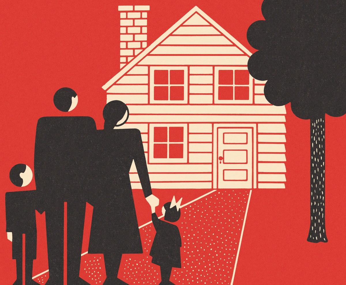 Illustration of family looking at house