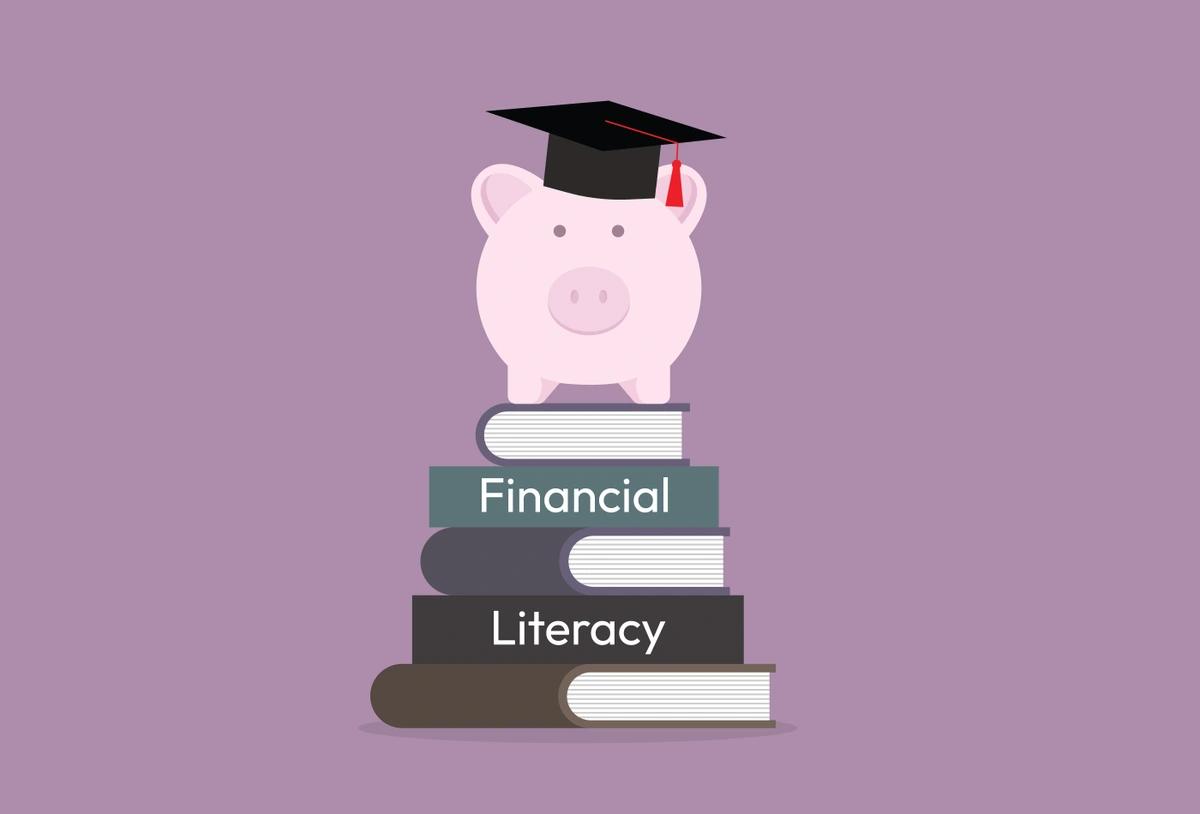 An illustration of a piggy bank wearing a mortar board, standing on top of a stack of five books labelled 'financial literacy'.