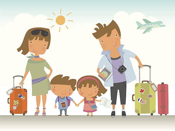 Illustrated image of a family with two kids going on holiday. Parents to face fines of up to £2,500 for taking their kids out of school for holidays. Fines for unauthorised absence set to increase in August