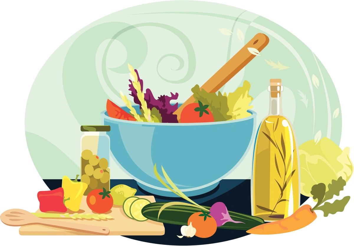 Illustration of healthy meal with lots of fresh ingredients