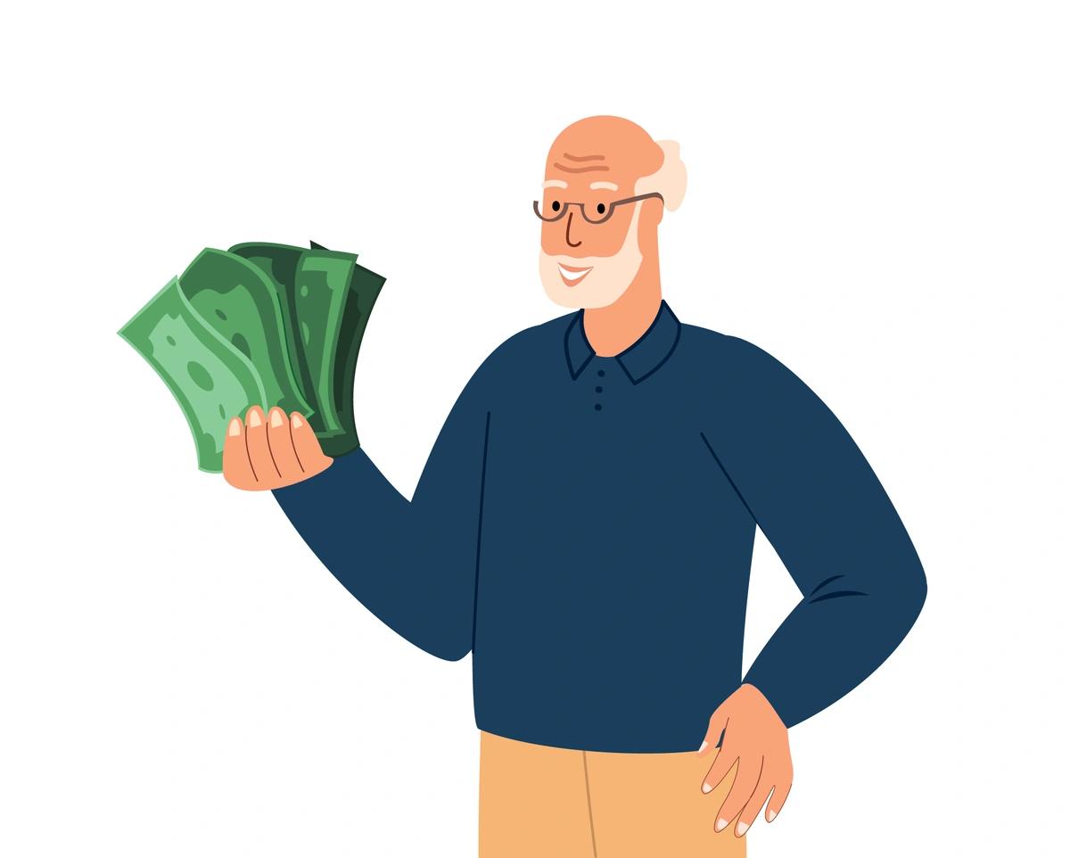 An illustration of an older man holding a fan of green money notes.