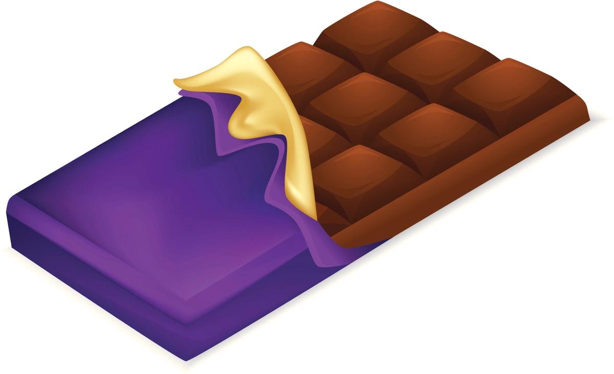 An illustration of a open chocolate bar in a purple wrapper.