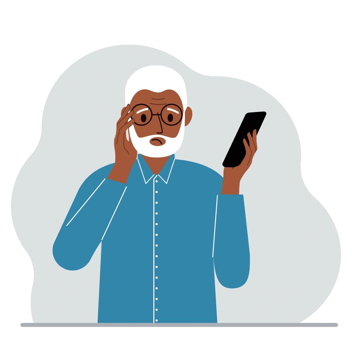 An illustration of an older man looking sadly at his phone after being called by a scammer.